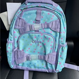 Pottery Barn Kids NWT Mackenzie Small Backpack Aqua Polka Dot Personalized Olive
